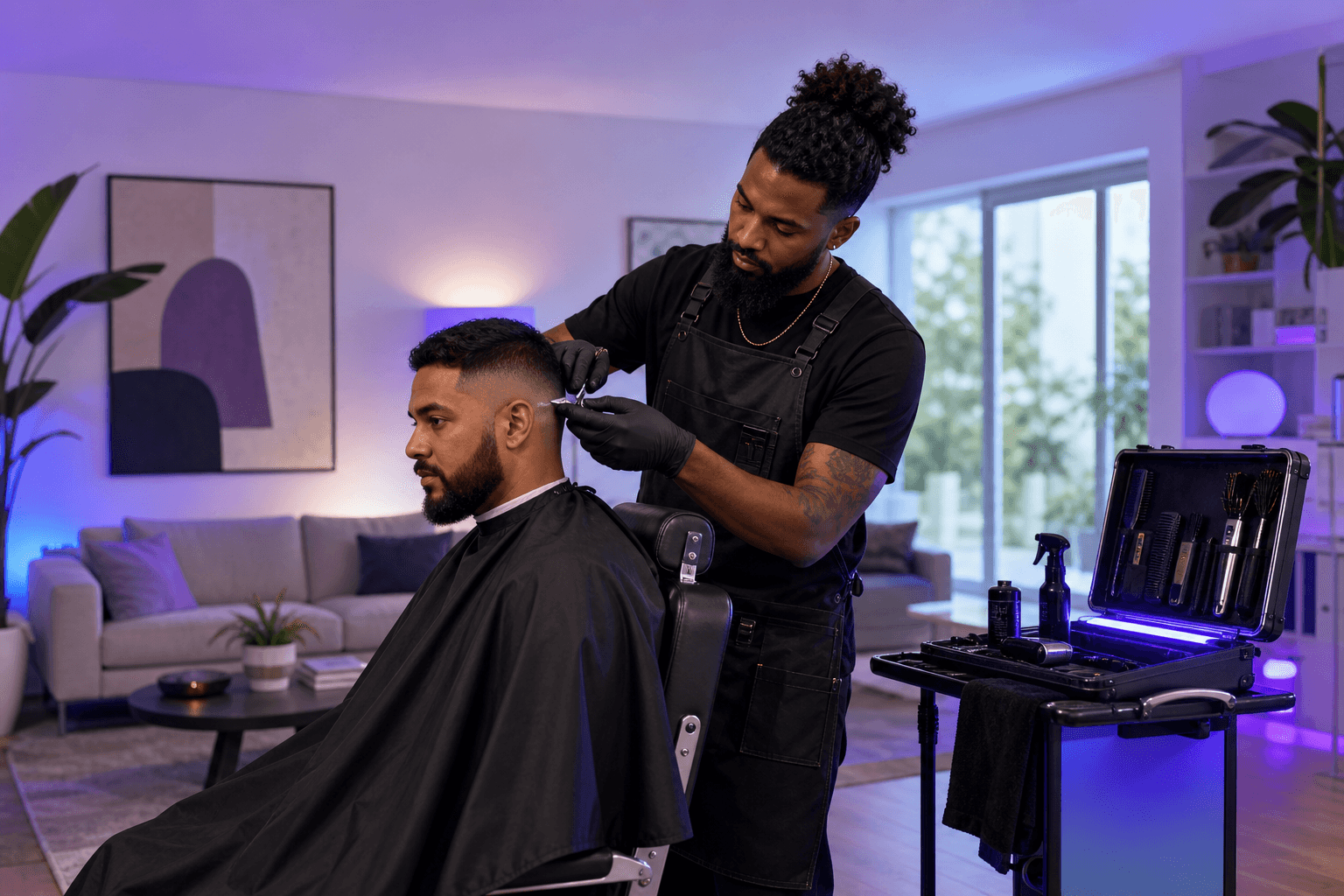 Barber giving a house-call haircut in a modern home