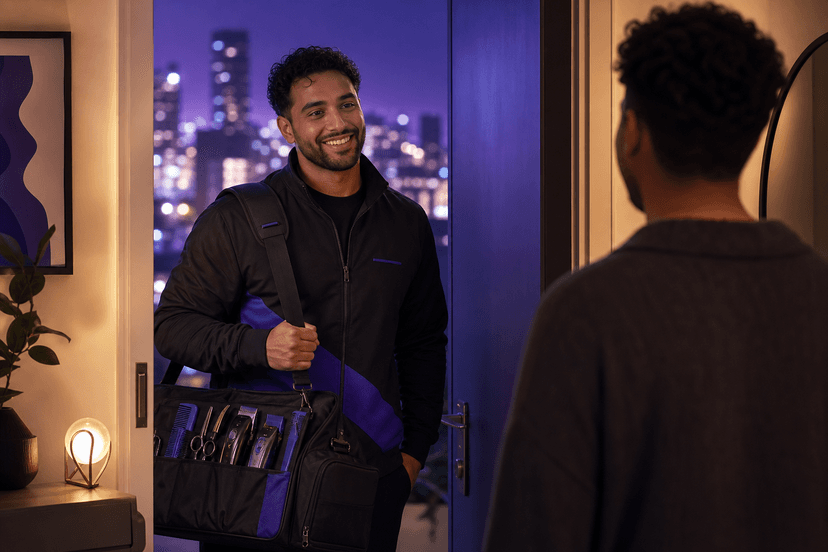 Barber arriving for a house call